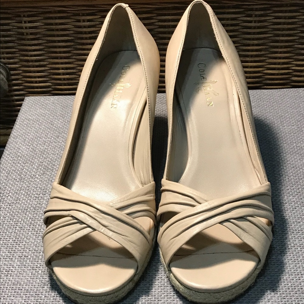 Cole Haan Leather Open Toe Straw Wedge Kitten Heel
